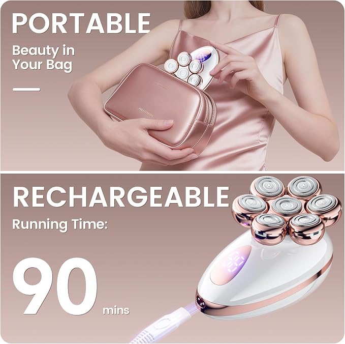 Electric Razors for Women, Rotary Shaver for Legs, Bikini, and Underarms Hair Removal, Wet & Dry Waterproof Grooming Kit, Cordless Lady Trimmer, ChampagneRose