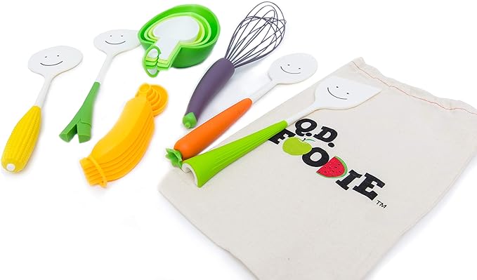 7-Piece Utensil Set - Sensory Friendly - Best Multicolor Kitchen Tools & Gadgets - Mixing Spoon, Spatula, Salad Servers, Whisk, Measuring Cups & Spoons