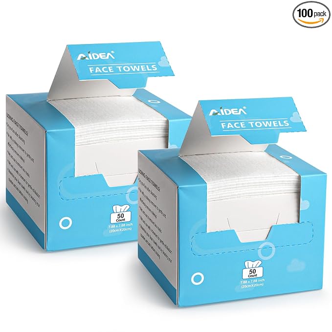 AIDEA Face Towels Disposable-100Ct (2 Box), Face Cloths for Sensitive Skin | Clean Facial Towelettes, Facial Cleansing Wipes for Makeup Removing, Nursing, Travel, Dry Wipes