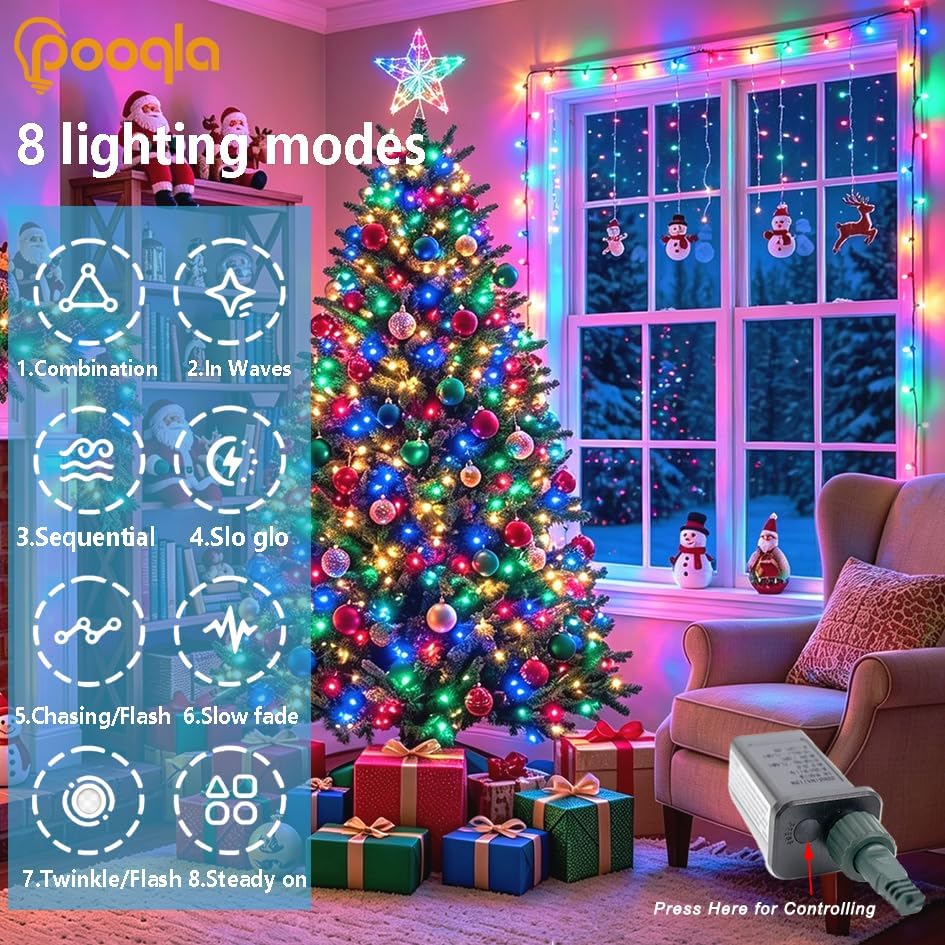 Pooqla 1000 LED Colorful Christmas Lights Indoor Outdoor Decorations, 328 ft String Lights Plug in with Timer, 8 Modes Waterproof Clear Wire Twinkle Fairy Lights for Bedroom Party Classroom Decor