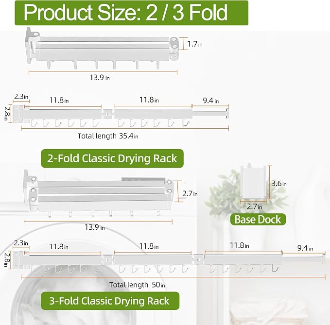 Kelisiting Clothes Drying Rack, Laundry Drying Rack Wall Mounted, [No-Drill & Drilling to Choose] 3-Fold Laundry Drying Racks for Hanging Clothes, Foldable & Sturdy Space Saver for Laundry Room -White
