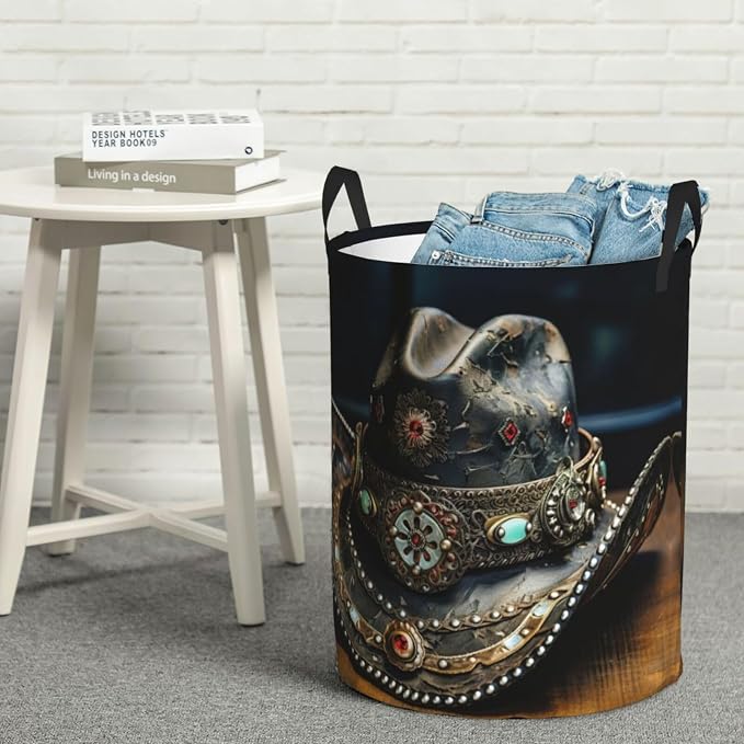 American West Rodeo Hat Large Foldable Laundry Basket Hamper,Storage Basket Bin With Handles,For Bathroom,College