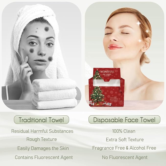 Christmas Style WOWOTEX Disposable Face Towels 120 Count Large Dry Wipes | 10"×12", Extra Thick Soft and Sensitive Skin friendly, Clean Facial Towels for Skincare, Makeup Removal and Facial Cleansing