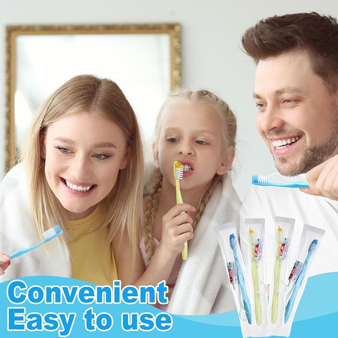 FoldTier 300 Sets Disposable Toothbrushes with Toothpaste and Floss Bulk Individually Wrapped 10g Toothpaste Homeless Hygiene Kit Bulk Homeless Care Package Supply for Travel Shelter (Blue,Pink)