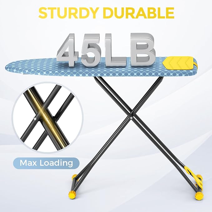 APEXCHASER Ironing Board with Iron Rest, Compact and Space Saver Iron Board, Extra Thick Cover, Height Adjustable, Wall Mount & Closet Hanger 13x43 Yellow