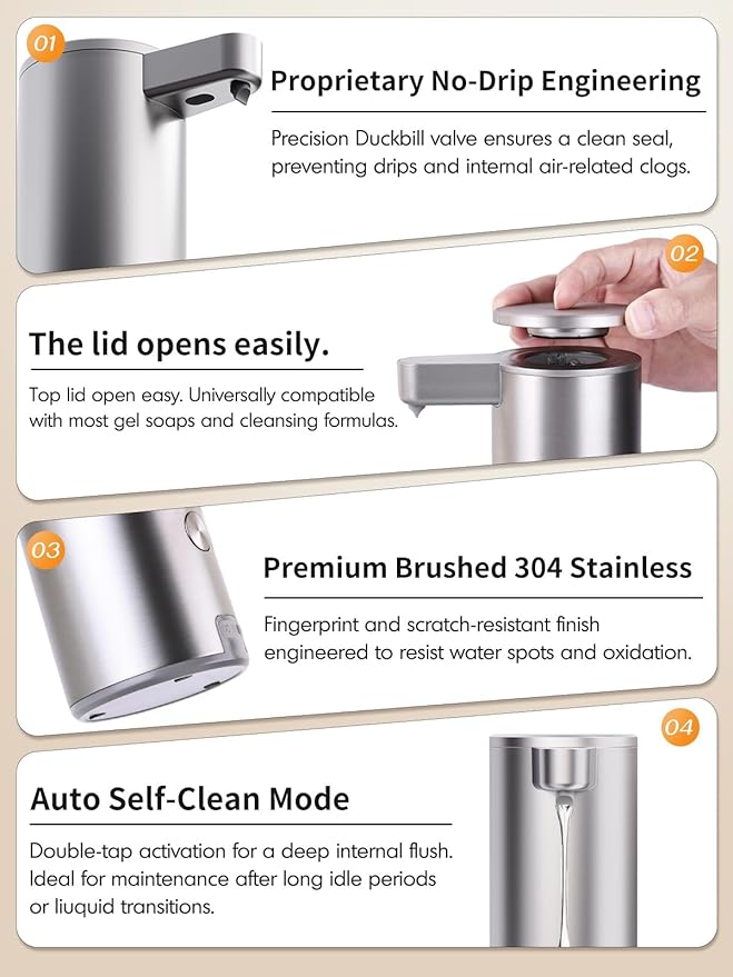 Automatic Liquid Soap Dispenser Touchless: Stainless Steel Hand Soap Dispenser Auto - Free Touch Electric Soap Dispenser Rechargeable with Sensor for Kitchen, Bathroom, Commercial (Silver)