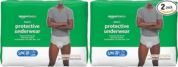 Amazon Basics Maximum Absorbency Incontinence Underwear for Men with Leak Protection, Dri-Fit Technology, Odor Control, Cotton Enhanced, Small/Medium, 20 Count (Pack of 2)