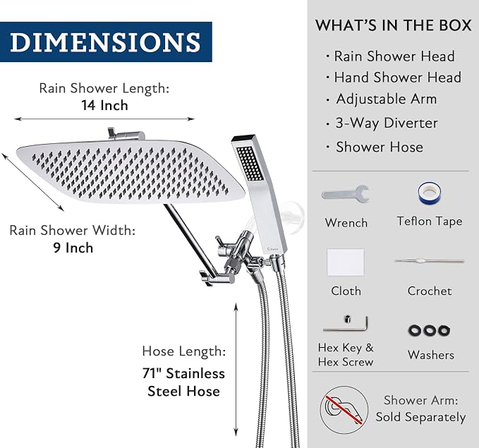G-Promise All Metal 14 Inch Dual Square Shower Head with Handheld Spray Combo, Rain Shower Head, Adjustable Extension Arm, 3-Way Diverter, 71 Inch Extra Long Hose - A Bathroom Upgrade (Chrome)