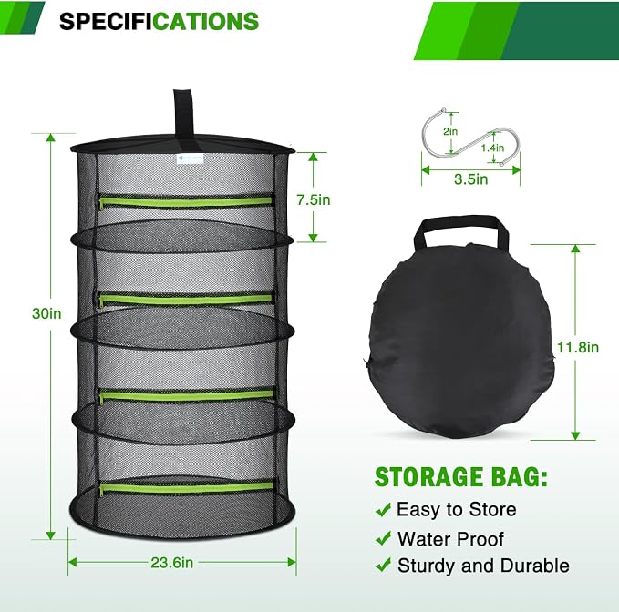 Yesker 4 Layer Herb Drying Rack Hanging Mesh Net Foldable Plant Drying Racks 24" Diameter with Green Zipper & Hook Dryer Hanging Rack for Herbs Seed Bud Fruit Clothes Grow Tent Closets Garden Outdoor | Diameter with Green Zipper & Hook Dryer Hanging Ra...