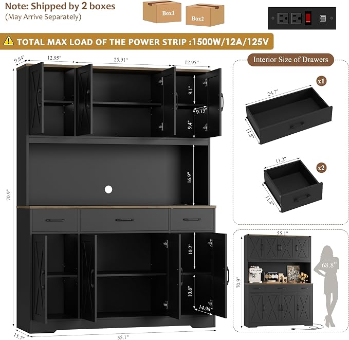 HOSTACK 71" Tall Kitchen Pantry Storage Cabinet, 55" W Kitchen Hutch, Black | Large Pantry Cabinet with Charging Station / Countertop / 3 Drawers, Farmhouse Hutch Cabinet with Storage for Dining Room