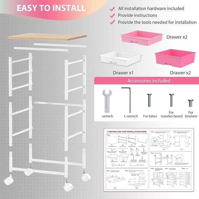 Goovilla Rolling Cart with 5 Drawers for Craft, Art, Dorm, Office, Pink | Utility Cart Organizer With 5 Removable Drawers and Wooden Tabletop, Lockable Rolling Storage Organizer for Classroom, Home