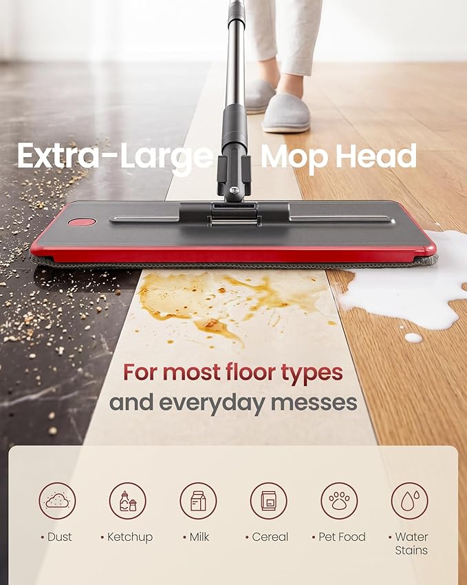 SONGMICS Mop and Bucket Set, Flat Mop with 3-Chamber Clean & Dirty Water Separation System, Wringer Bucket, 360° Rotating Head, 3 Microfiber Pads, Gray and Red ULMB001GT03