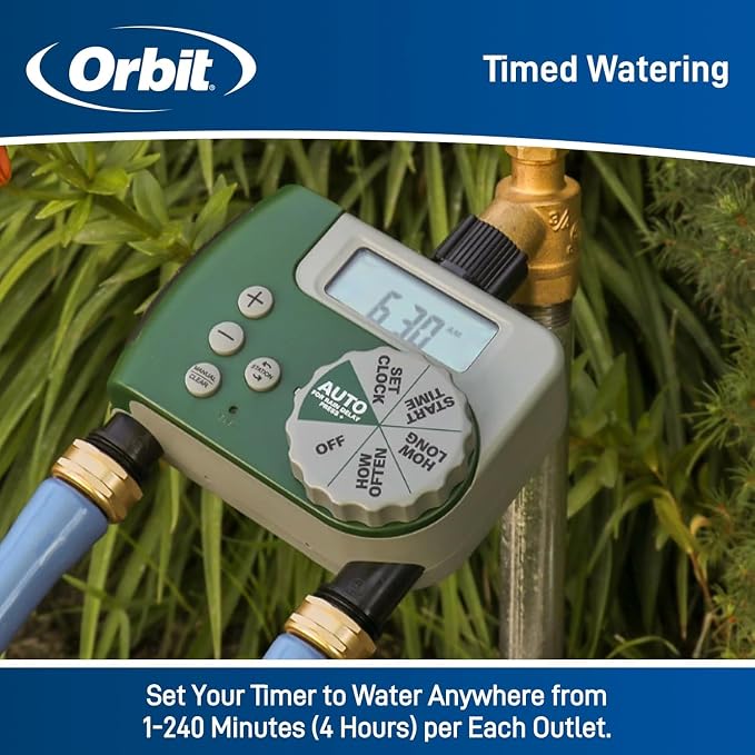 Orbit Programmable Digital Hose Watering Timer - 1 Outlet - Battery Powered - with LCD Screen - Built-in Rain Delay - Water-Resistant - 62061 (2-Pack 2 Outlet)