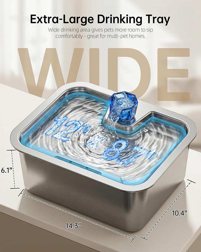 3Gal Large Dog Water Fountain Dispenser, 11L Stainless Steel Pet Fountain with 6 Filters, Corded Ultra Quiet Automatic Dog Water Bowl for Large and Multi-Pet Homes, 12 x 8.7 in Drinking Area