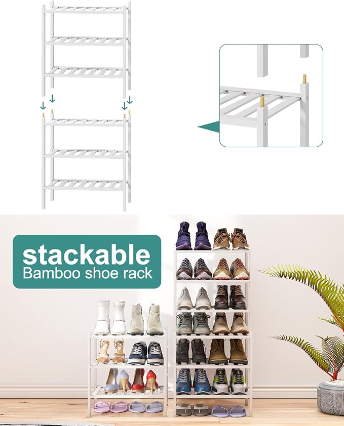 viewcare Small Shoe Rack for Entryway, White Shoe Organizer for Closet, Bamboo Wood Standing Shoe Shelf for Indoor Outdoor (White, 3-Tier_Samll)
