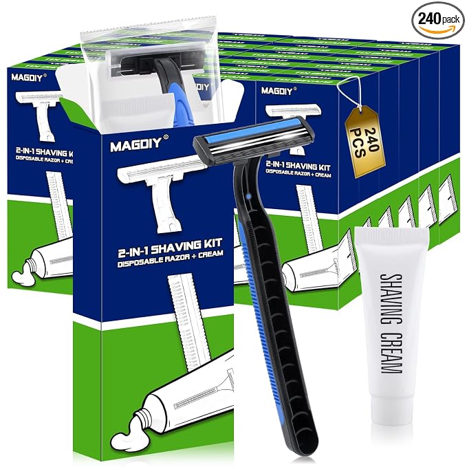 240 Pack Disposable Razors Bulk for Men with Shaving Cream, Shaving Kit for Men, Homeless Supplies Bulk, Individually Wrapped Twin Blade Razors Travel Cream for Hotel Airbnb Shelter Camping