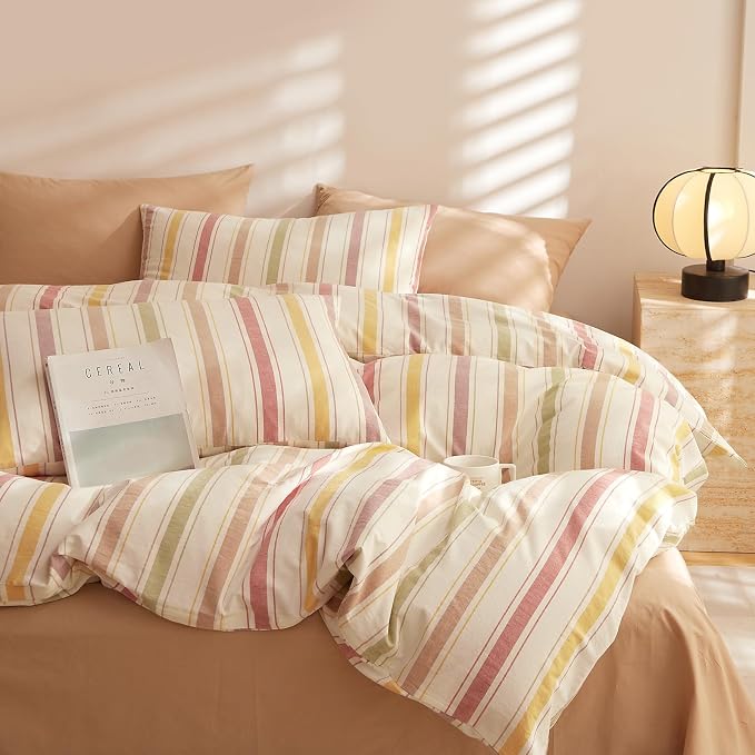mixinni Vintage Striped Duvet Cover Set Full, 3-Piece Washed Cotton Bedding Set - Soft, Breathable & Colorful Marble Stripe Pattern, All-Season Comforter Cover with Zipper-Full Size