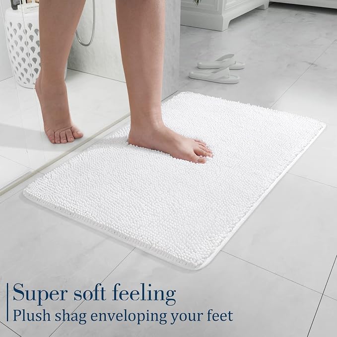 LOCHAS Luxury Bathroom Rug Shaggy Bath Mat 24 x 17 Inch, White | Washable Non Slip Bath Rugs for Bathroom Shower, Soft Plush Chenille Absorbent Carpets