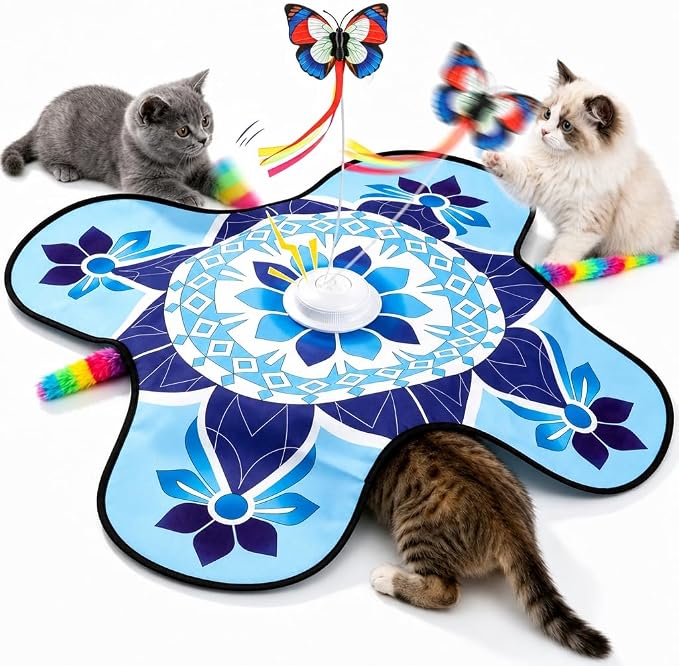 Wortade Interactive Cat Toys for Indoor Cats Rechargeable, Moving Concealed Wand Feather, Automatic Fluttering Butterfly Cat Stimulation Toys for Indoor Cats, Hide and Seek Kitten Toy (Blue)