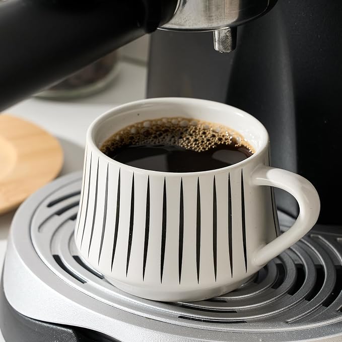 LUKA Ceramic Coffee Espresso Cups with Saucers Set with Metal Holder, 4.4 oz Porcelain Demitasse Cups For Tea, Espresso, Latte, Coffee, Cafe Mocha, Set of 6, White