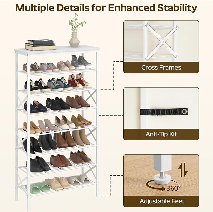YATINEY 8 Tier Shoe Rack, Shoe Storage Organizer, Large Capacity Shoe Shelf Holds 32 Pairs of Shoes, Sturdy and Stable, for Entryway, Hallway, Closet, Dorm Room, White SS08WW