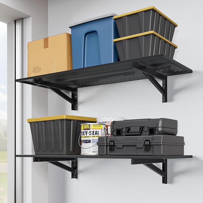 Jusgym 2 Pack Heavy Duty Garage Wall Shelving (1.5x4ft), 700lbs Capacity Garage Shelving Wall Mounted, 18"x96"Garage Storage Rack Floating Shelves, Black
