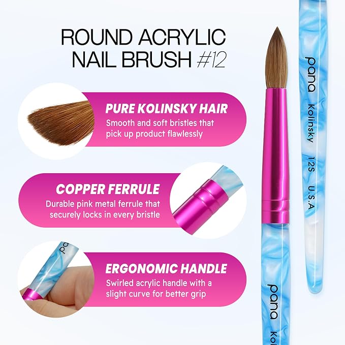 PANA USA Acrylic Nail Brush Pure Kolinsky Hair Acrylic White Swirl Blue Handle with Pink Ferrule Round Shaped - Size 12