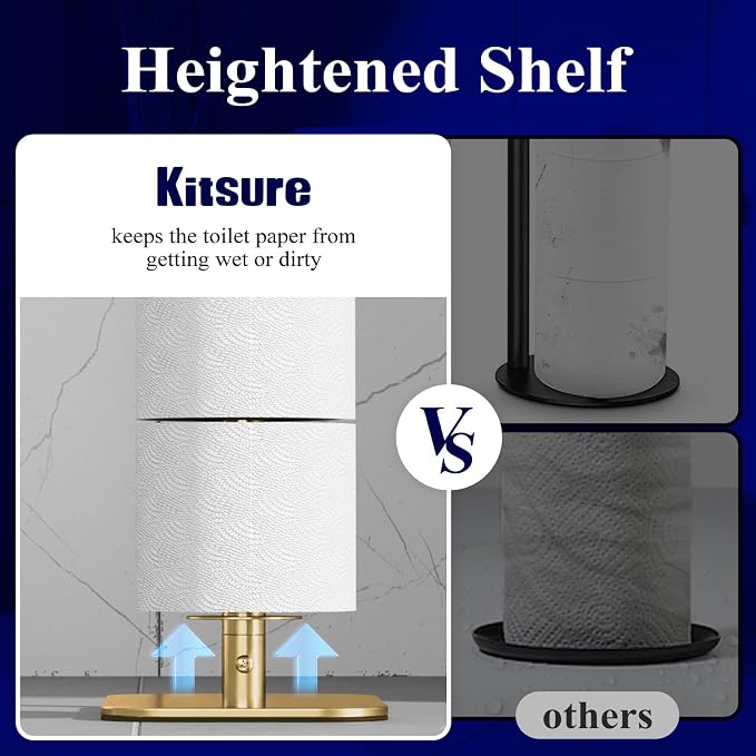 Kitsure Toilet Paper Holder Free Standing – Rustproof Metal Toilet Paper Stand for 4 Rolls with Anti-Slip Base and Shelf for Phone & Small Items, Bathroom Organizers and Storage, Medium, Chrome Gold