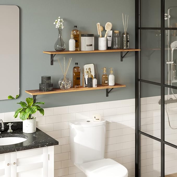 DINZI LVJ Long Wall Shelves, 39.4Inch Wall Mounted Shelves Set of 2, Easy-to-Install, Wall Storage Ledges with Sturdy Metal Brackets for Living Room, Bathroom, Bedroom, Kitchen, Rustic Brown