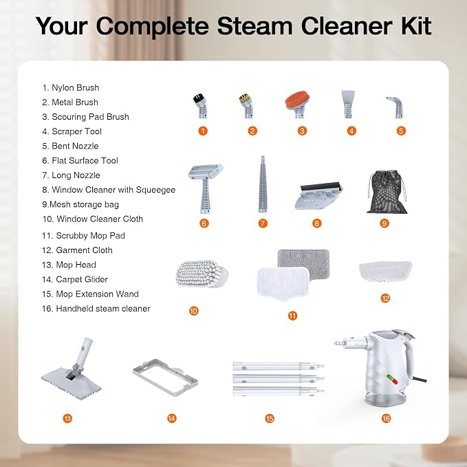 ScrubWiz Handheld Steam Cleaner, 10-in1 Steam Mop with Detachable Steamer, 320ml Water Tank, 10s Fast Heating, Portable Steamer for Cleaning Kitchen, Floor, Tiles, Window, BBQ Grill, Car, White