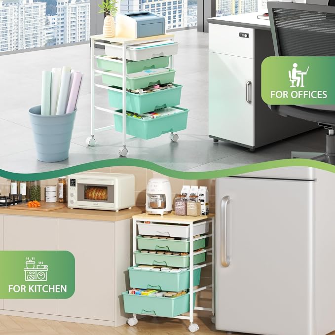 Goovilla Rolling Cart with 5 Drawers for Craft, Art, Dorm, Office, Green | Utility Cart Organizer With 5 Removable Drawers and Wooden Tabletop, Lockable Rolling Storage Organizer for Classroom, Home