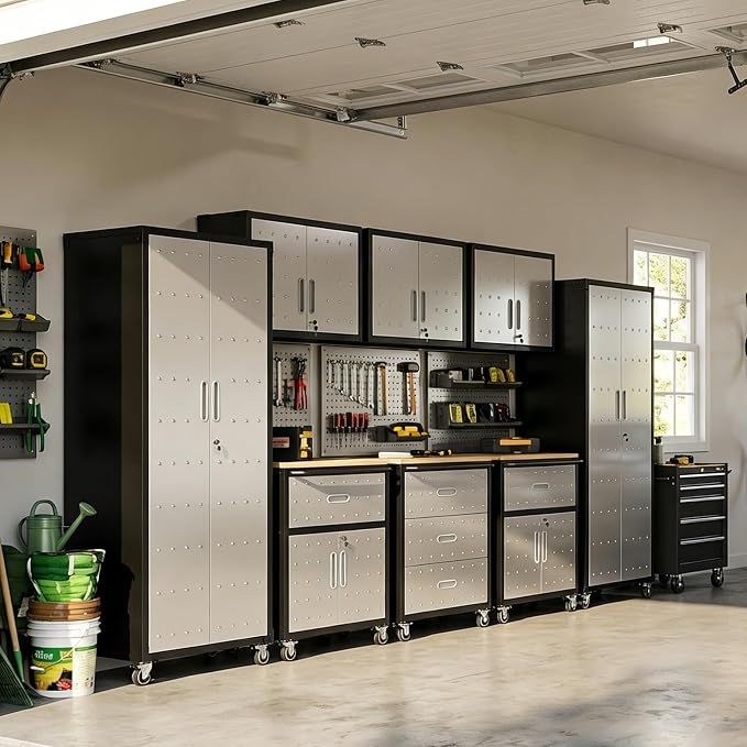 Garage Cabinet System | Heavy Duty Steel All-in-One Modular Garage Cabinet Set for Ultimate Workshop Organization | Easy Assembly Garage Storage Cabinets & Tool Bench