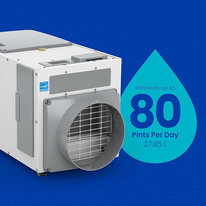 AprilAire E080 Whole House Dehumidifier for Basement & Crawl Space – 80-Pint High-Capacity Commercial Dehumidifier for Homes Up to 4,400 Sq. Ft. with Pump, Drain Hose, & Hanging Kit for DIY Install