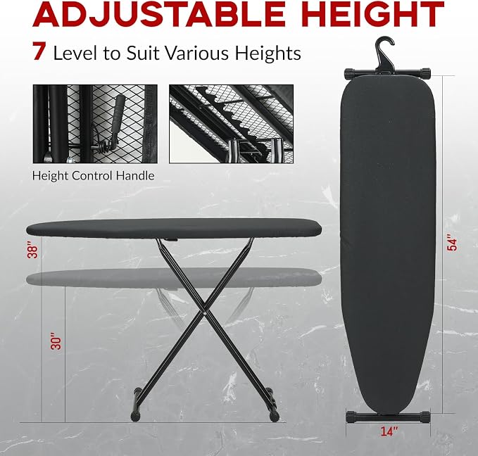 Ironing Board Full Size 54x14, RAINHOL Heavy Duty Iron Board with Thick Padded Cover, Height Adjustable Ironing Boards with Smart Hanger, Heat-Resistant Silicone Pad Iron Rest