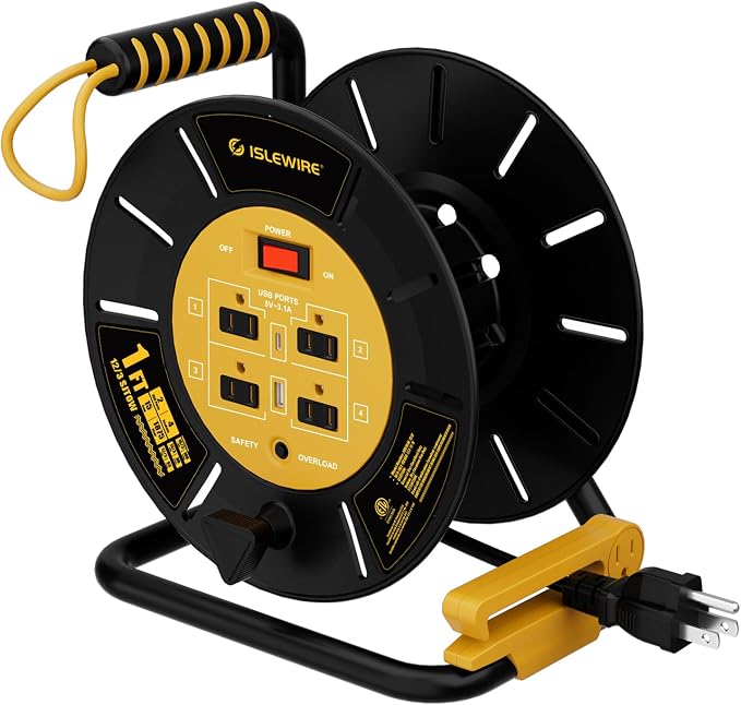 Extension Cord Storage Reel with 4-Grounded Outlets & 2 USB Ports, Heavy Duty Open Cord Reel for 12/3,14/3,16/3 Gauge Power Cord, Hand Wind Retractable, 15A Circuit Breaker, ETL Listed, Yellow