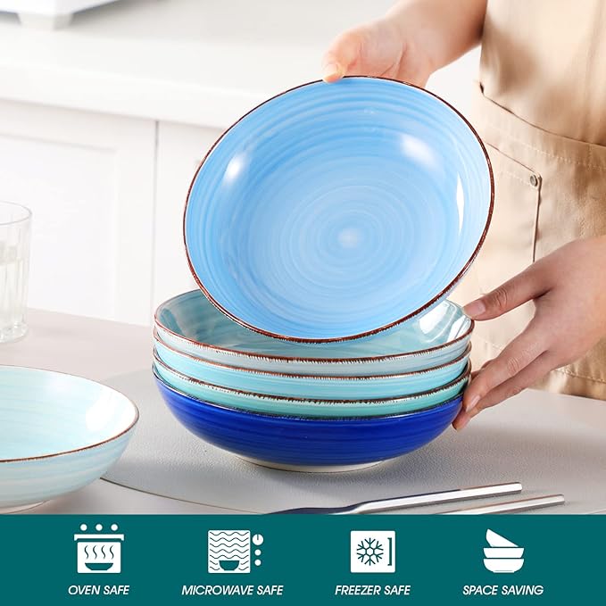 vancasso Bonita 38 oz Ceramic Pasta Bowls Set of 6, Microwave & Dishwasher Safe, 8.5 Inch Elegant Shallow Bowls Set for Pasta, Salad, & Soup – Large Capacity Pasta Plates Sets, Blue