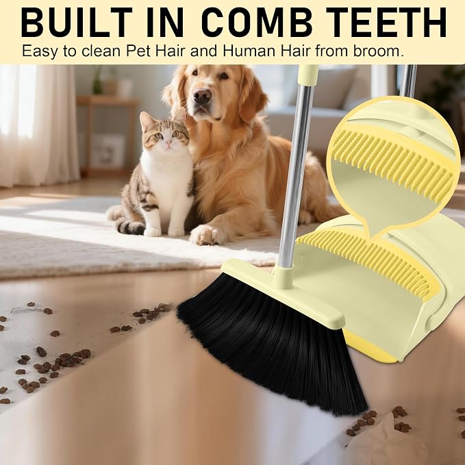BSKLIN Broom and Dustpan Set for Home, 52" Long Handle Broom Set with Dustpan Teeth to Clean Hair Sweeping Indoor and Outdoor (Yellow)