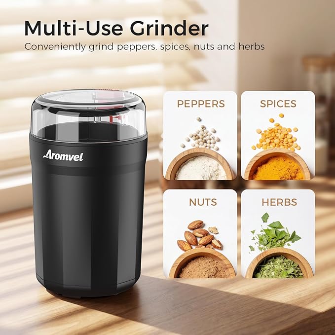 Electric Coffee Grinder, One Touch Coffee Mill with Stainless Steel Blades, Adjustable Coarse to Fine for Coffee Beans, Spice & Dry Grinding, 2-in-1 Cleaning Brush & Scoop, Safety Lid