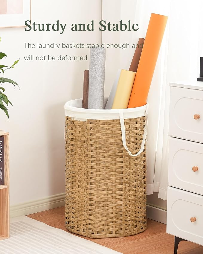 SETVSON 34.3 Gal (130 L) Large Laundry Hamper Laundry Basket Round Handwoven Wicker Laundry Baskets Rattan Laundry Basket with Removable Bag Handles 2 Mesh Bags for Living Room Bedroom Natural(No Lid)