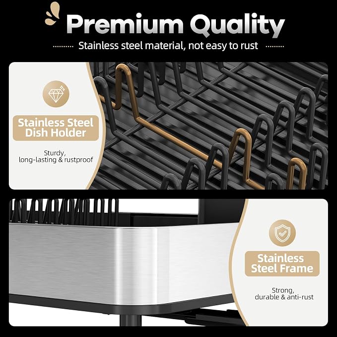 Urackify Stainless Steel Dish Drying Rack for Kitchen Counter,Black | Expandable 16.1" to 20.5", Large Capacity, Rustproof, Non-slip Feet, Adjustable Drain Pipe, Easy Assembly & Clean