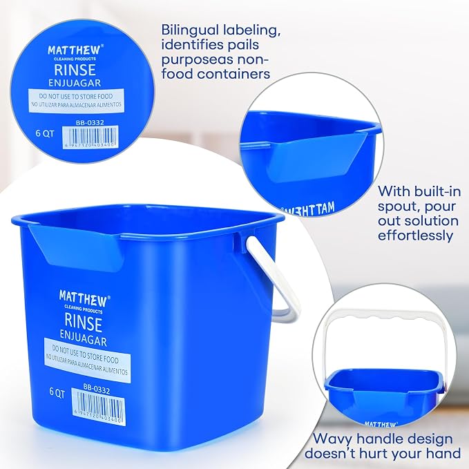 Matthew Red&Green&Blue Detergent and Sanitizing Cleaning Bucket 6 Quart Cleaning Pail,Set of 3 Square Containers,Built-In Spout w/Handle,Wash Rinse Sanitize Handwash Bucket,Incl.3Pcs Microfiber Cloths