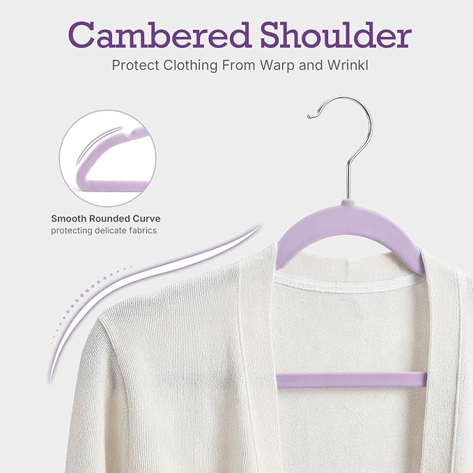 HOUSE DAY Lt-Purple Velvet Hangers 60 Pack, Non Slip Clothes Felt Hanger Heavy Duty for Coat, Premium Slim Space Saving Suit Hangers for Closet Organizer, 360° Rotating Silver Hook