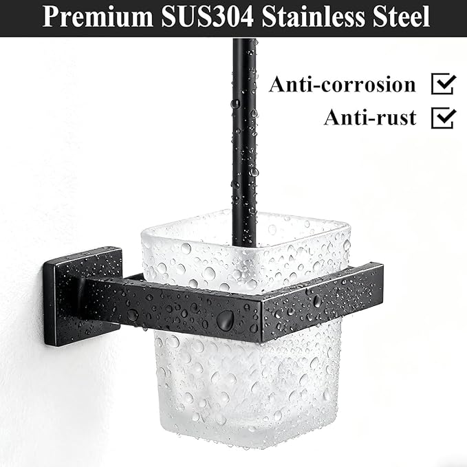 Matte Black Toilet Brush and Holder Set, NEWRAIN Wall Mounted Toilet Bowl Brush with Long Handle, Stainless Steel Toilet Brushes for Bathroom-Space Saving