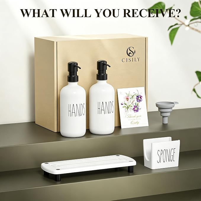 Cisily Kitchen Soap Dispenser Set Comes with Ceramics Sponge Holder, Gold Pumps, and Instant Dry Tray, Hand and Dish Soap Dispenser Set (4, Black + White + Sponge Holder)
