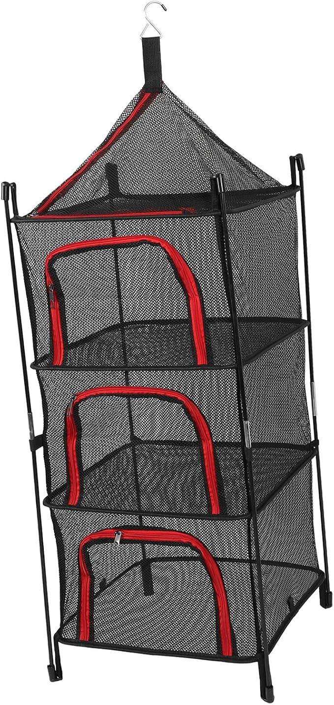 Aramox 4 Layer Hanging Drying Mesh Foldable Thickened Mesh Laundry Net for Clothes Fish Drying with Sturdy Hanging Design for Outdoor Camping Travel Household Storage Basket (Red)