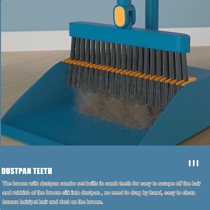 Broom and Dustpan Combo Set for Home - Long Handle Angle Broom & Dust pan Combo Built-in Comb Teeth to Automatically Clean Hair - Suitable for Home Kitchen Office Hall Floor,Blue