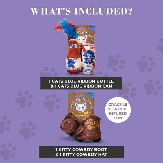 Haute Diggity Kitty Cats Blue Ribbon + Kitty Cowboy Set, Plush Cat Toys Catnip Filled with Interactive Crackle Sound, Safe & Durable Toys for Cat & Kitten, 4 Pcs