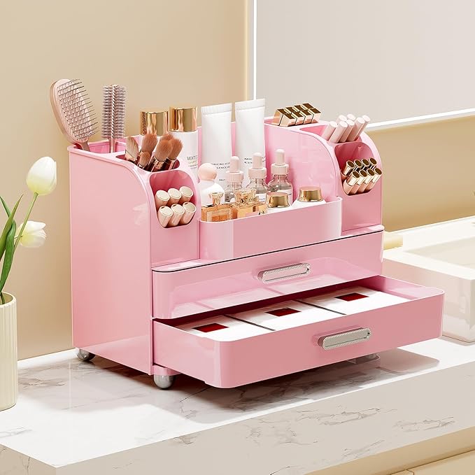 UFORU Makeup Organizer for Vanity with 2 Large Drawers, Cosmetic Display Case with Brush Holders, Easy to Storage for Bathroom Countertop Skincare, Desk Office Supplies, All Pink