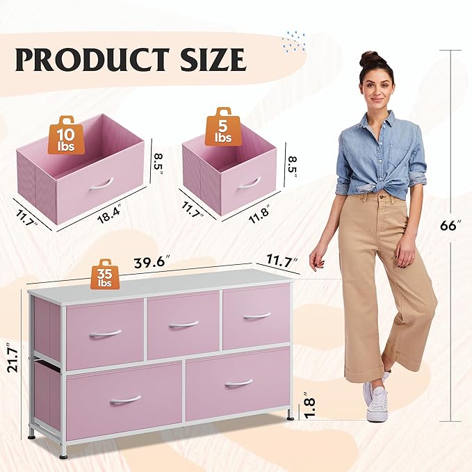 WLIVE 5 Drawer Dresser for Bedroom, Wide Chest of Drawers, A-Pink | 5 roomy fabric drawers, Wide storage design, Bedroom or closet use, Sturdy steel frame, Smooth wood tabletop