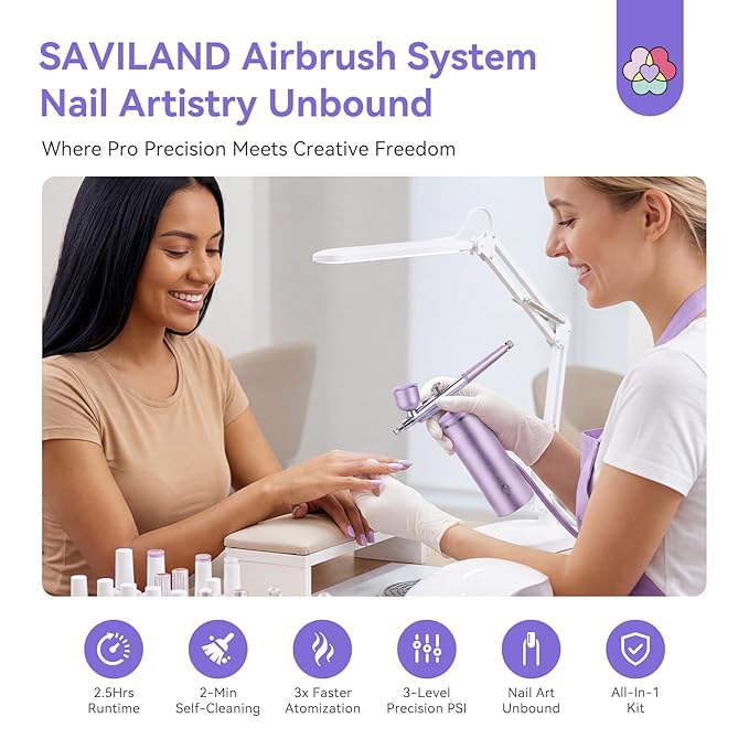 SAVILAND Infinite Nail Art Airbrush Kit with Compressor: 3X Instant Atomization Nail Airbrush Machine 30 PSI Clog Free Spray Gun Ombré French Blurred Nails Makeup Cake Decorating Body Art 850 mAh